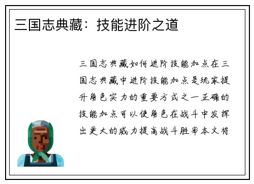 三国志典藏：技能进阶之道