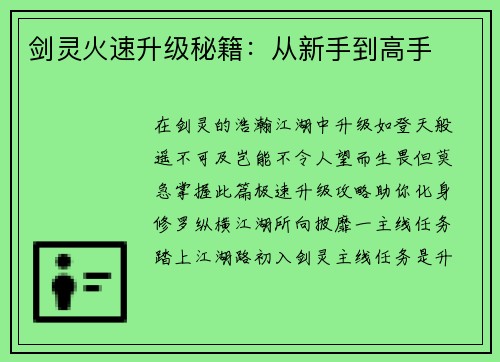 剑灵火速升级秘籍：从新手到高手
